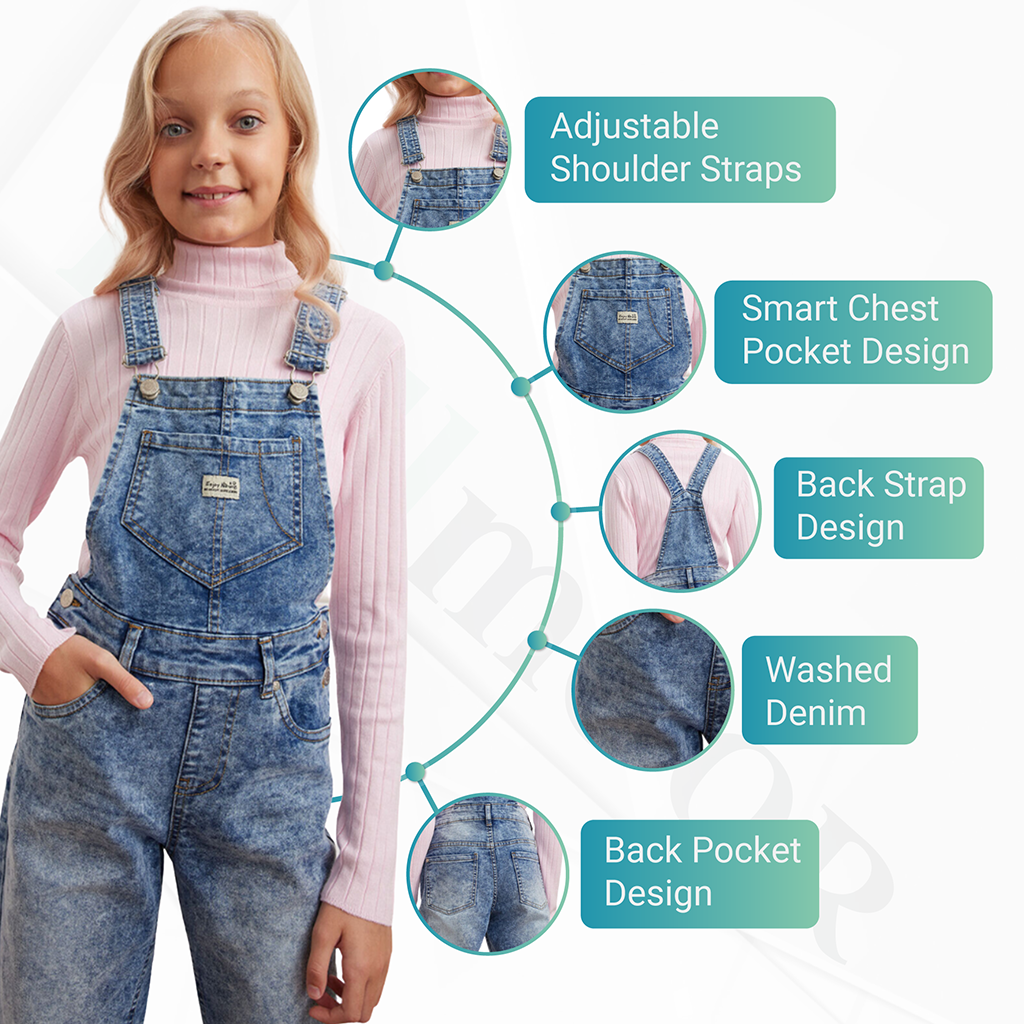 Girls Denim Dungaree Full Length Jeans 6-12 Years Fashion Jumpsuit