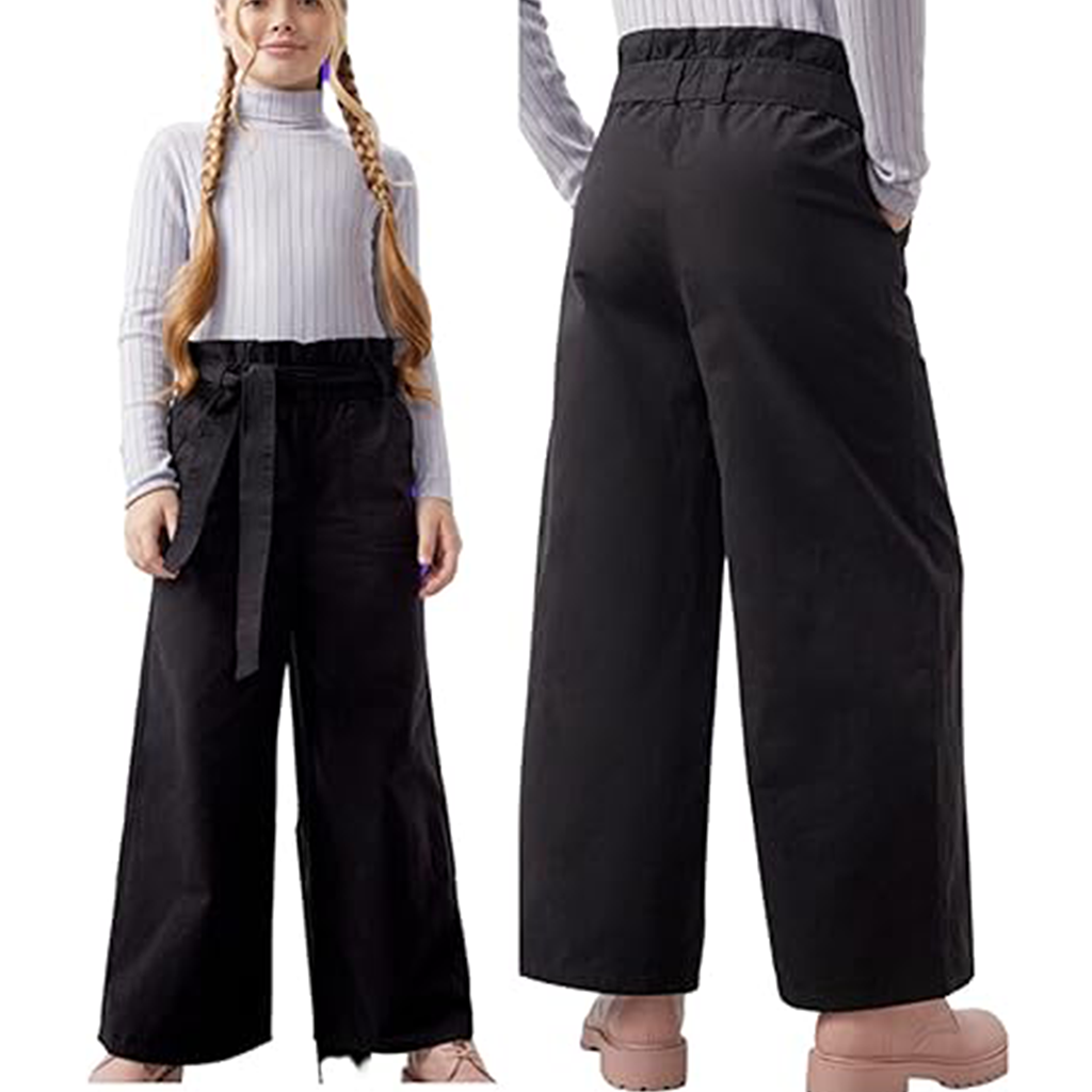 Girls Straight Leg Black Trouser with Cotton belt for Age 7 -12 Year