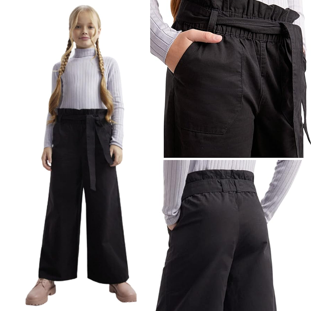 Girls Straight Leg Black Trouser with Cotton belt for Age 7 -12 Year