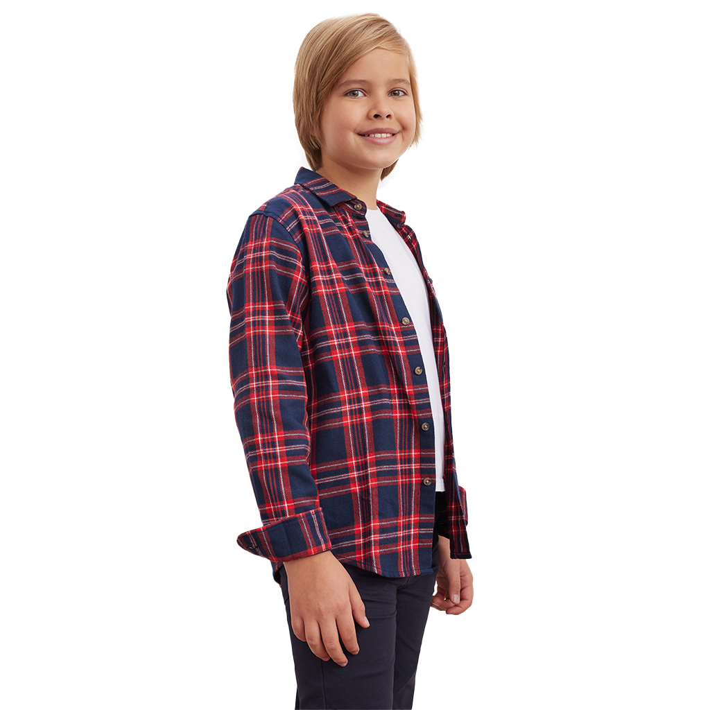 Boys' Brushed Red and Navy Check Long Sleeve Cotton Flannel Casual Shirts