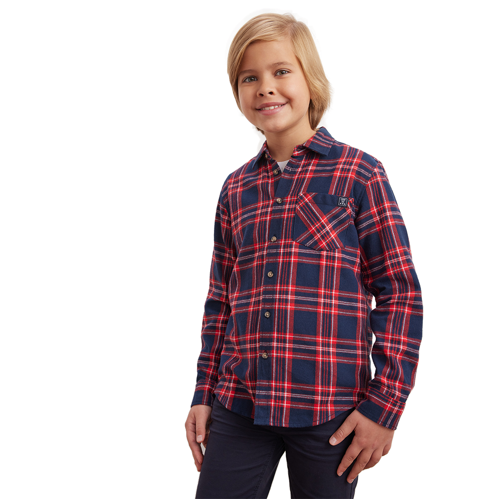 Boys' Brushed Red and Navy Check Long Sleeve Cotton Flannel Casual Shirts