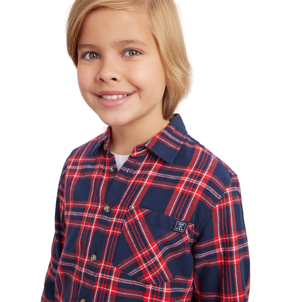 Boys' Brushed Red and Navy Check Long Sleeve Cotton Flannel Casual Shirts