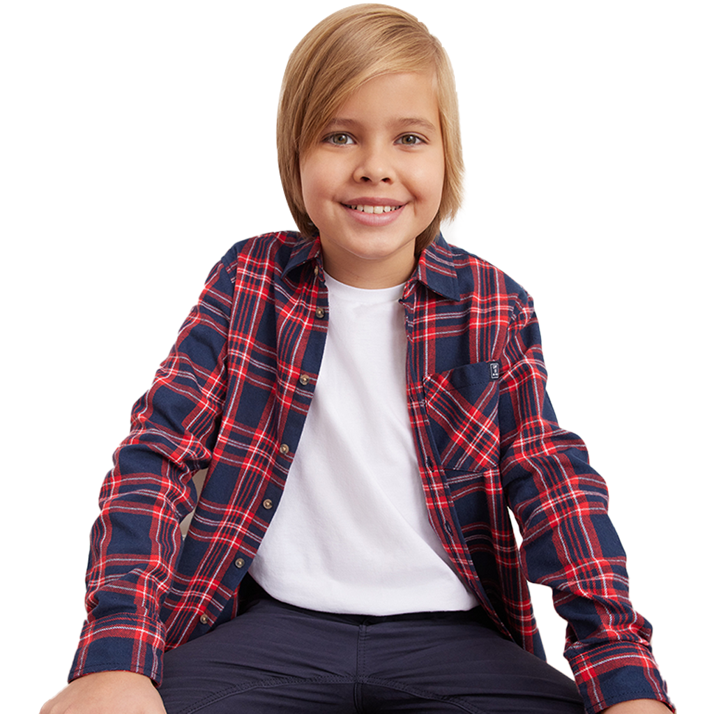 Boys' Brushed Red and Navy Check Long Sleeve Cotton Flannel Casual Shirts