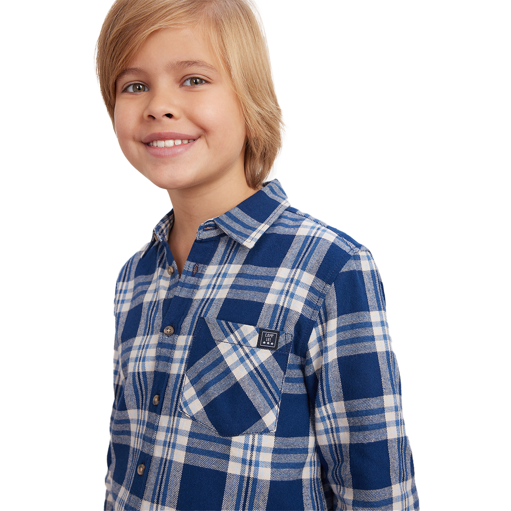 Boys' Brushed Blue Check Long Sleeve Cotton Plaid Shirts Blue Check