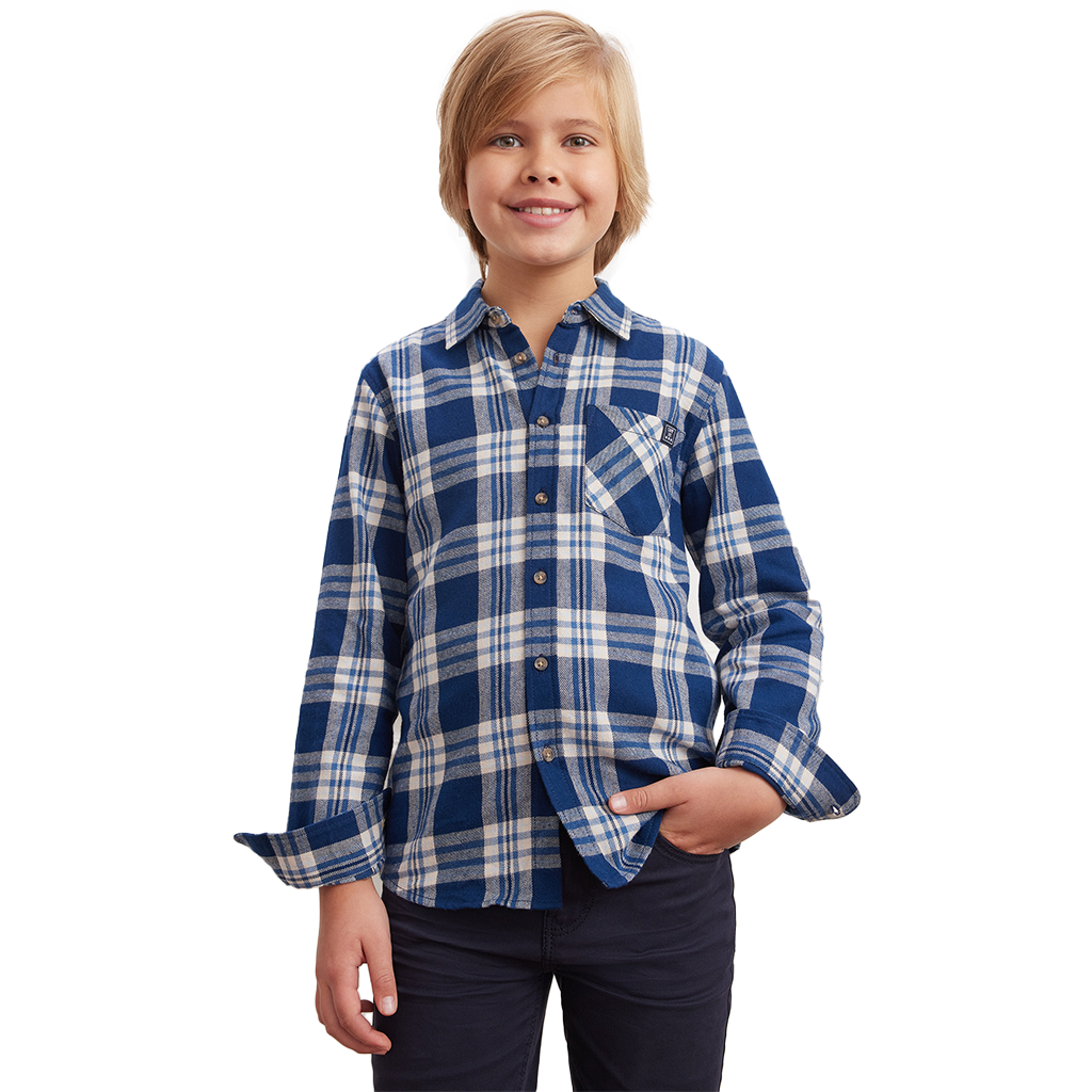 Boys' Brushed Blue Check Long Sleeve Cotton Plaid Shirts Blue Check