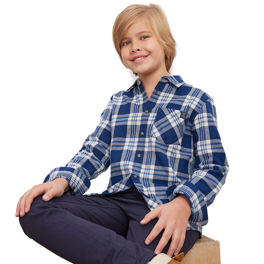 Boys' Brushed Blue Check Long Sleeve Cotton Plaid Shirts Blue Check