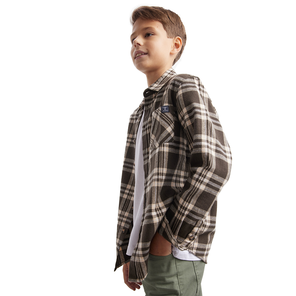 Boys Cotton Flannel Long Sleeve Casual Shirts Brushed Grey Check