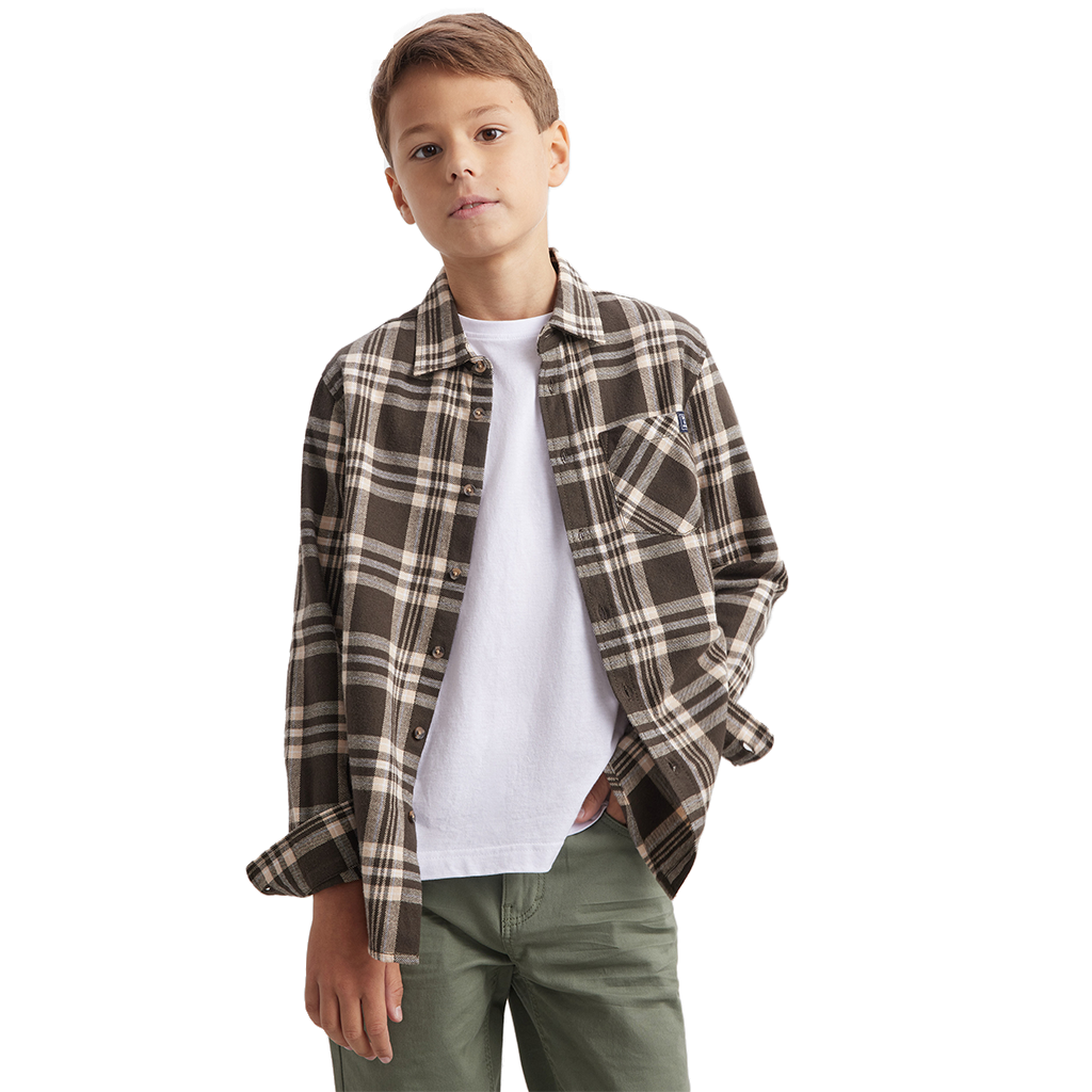 Boys Cotton Flannel Long Sleeve Casual Shirts Brushed Grey Check