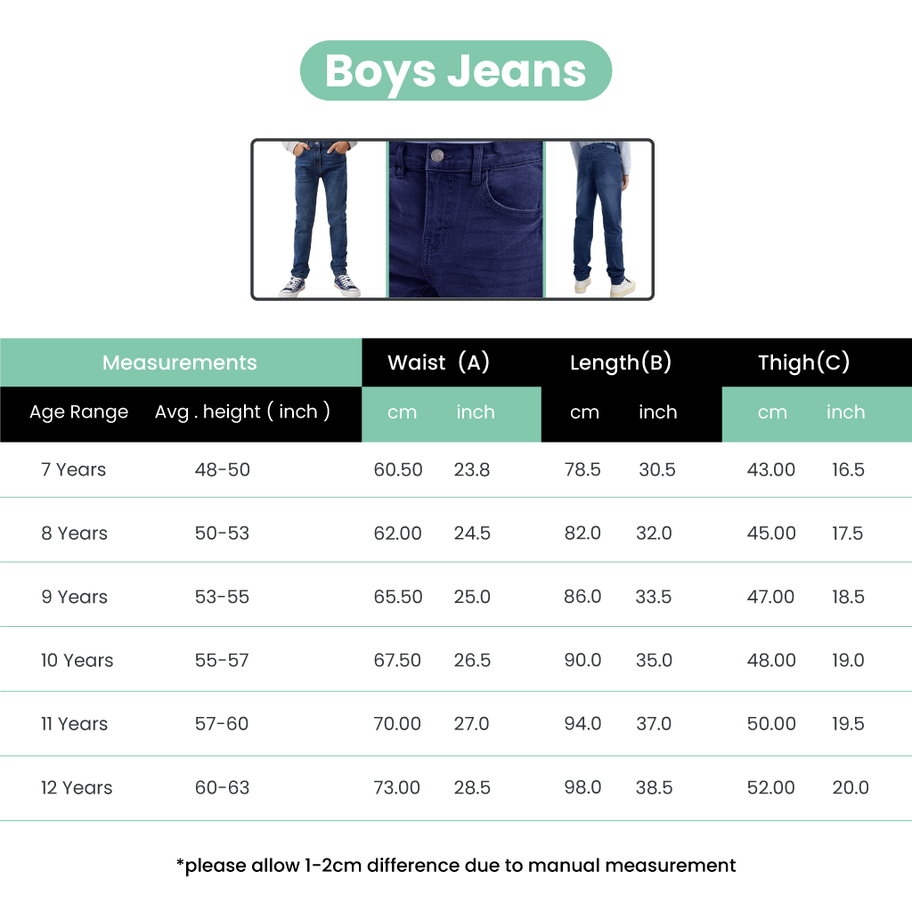 Boys Denim Jeans outdoor summer adjustable for Age 7-12 Years Blue