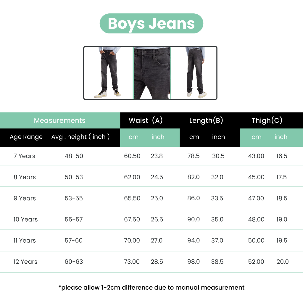 Boys Denim Jeans outdoor summer adjustable for Age 7-12 Years Black