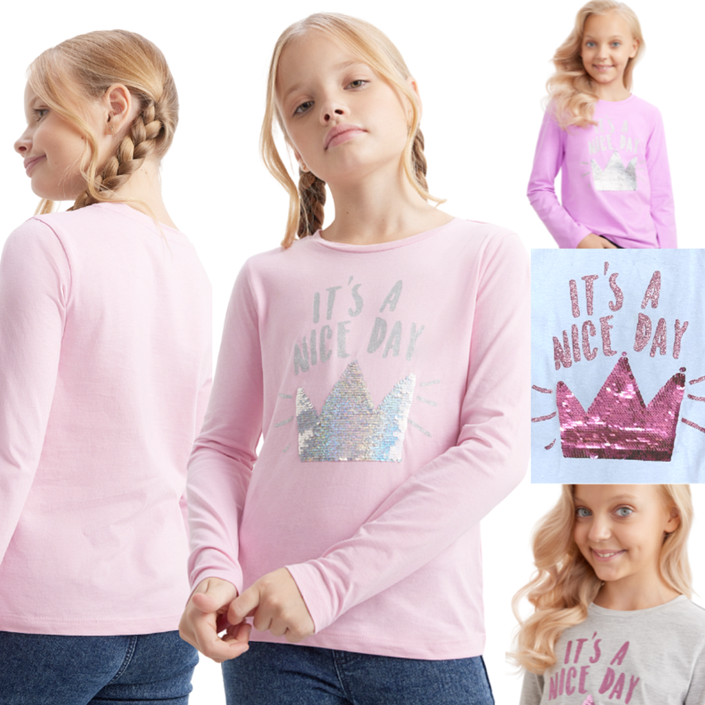 Girls' Long Sleeve Cotton Fashion T-Shirts Pink Age 7-12 Years