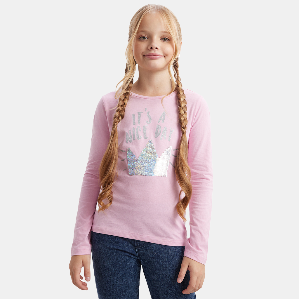 Girls' Long Sleeve Cotton Fashion T-Shirts Pink Age 7-12 Years