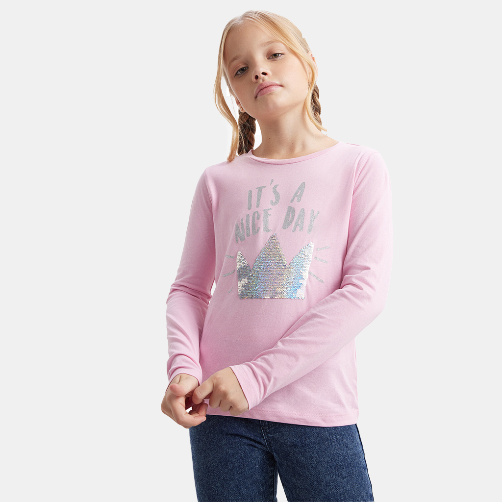 Girls' Long Sleeve Cotton Fashion T-Shirts Pink Age 7-12 Years