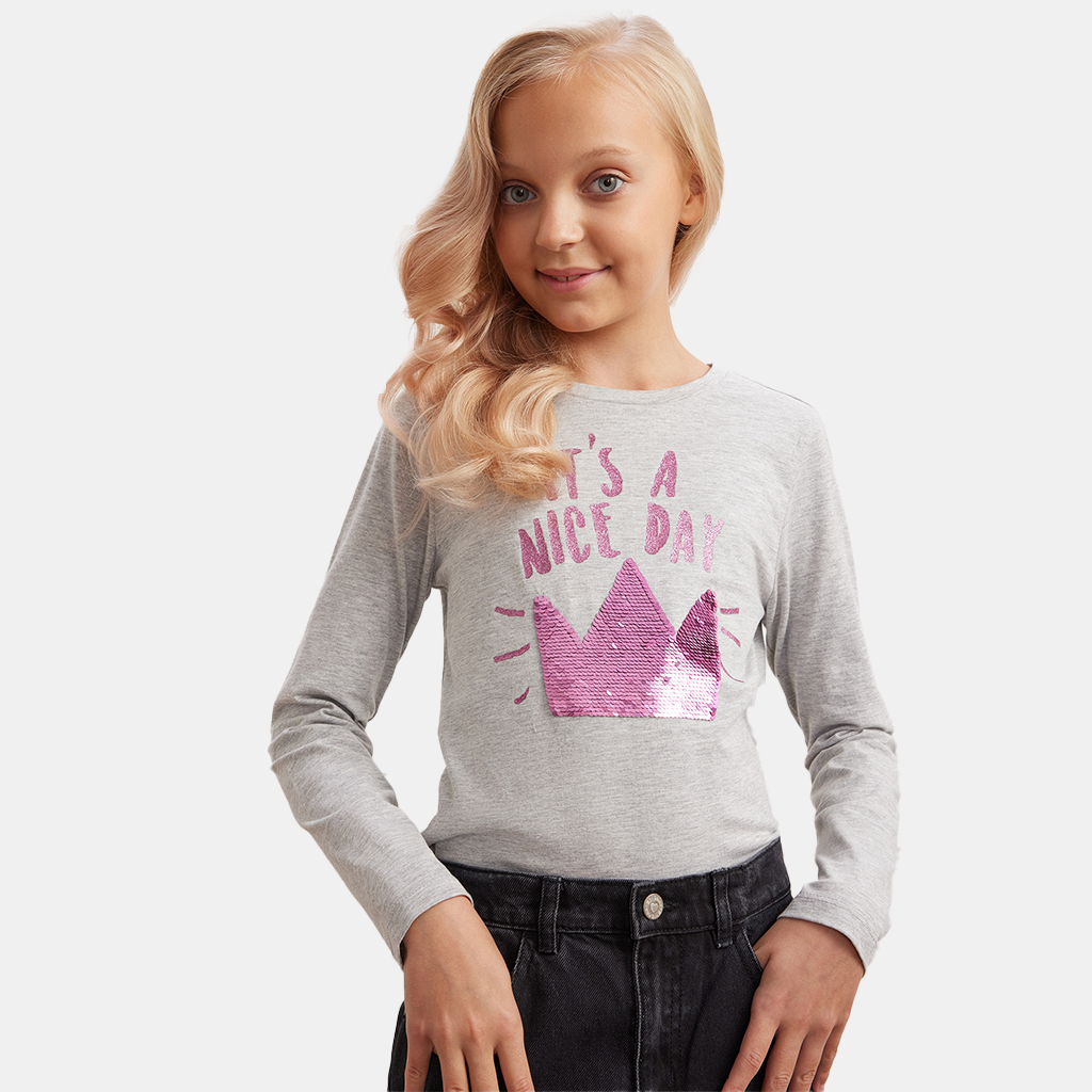 Classic Grey Long Sleeve Girls' Tee Fashionable Cotton Top for Kids 7-12 Years