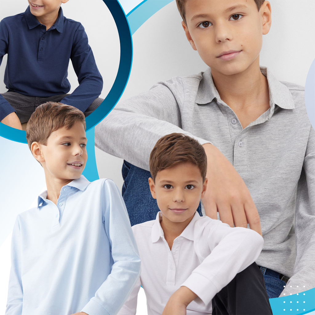 Boys School Polo Shirt Childrens Plain Long Sleeve 7-12 Years Blue Pack of 12