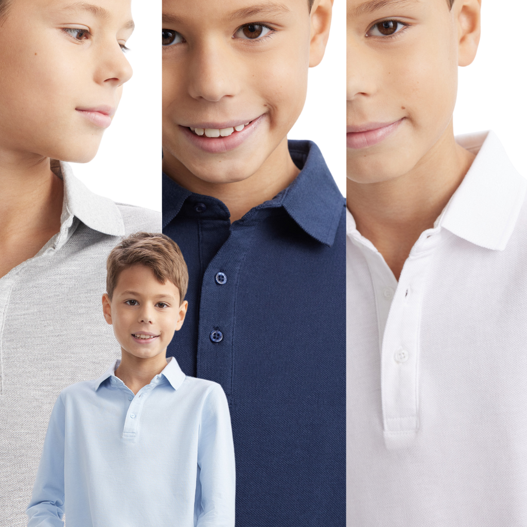 Boys School Polo Shirt Childrens Plain Long Sleeve 7-12 Years Navy Pack of 6