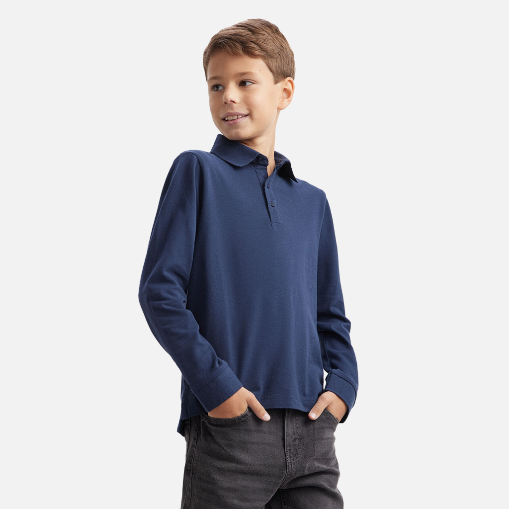 Boys School Polo Shirt Childrens Plain Long Sleeve 7-12 Years Navy Pack of 6