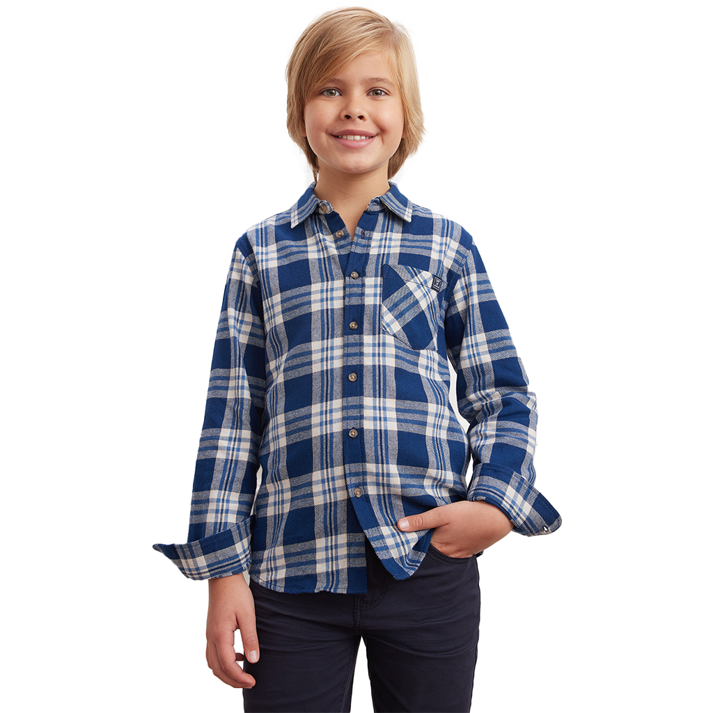 Boys Long Sleeve Casual Cotton Plaid Shirts, Brushed Blue Check Pack of 14